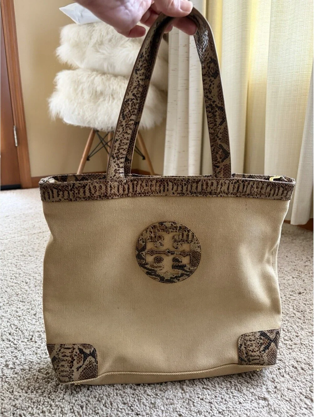 Tory Burch Beige Canvas Tote Snake Skin Details Shoulder Bag Purse Large Logo